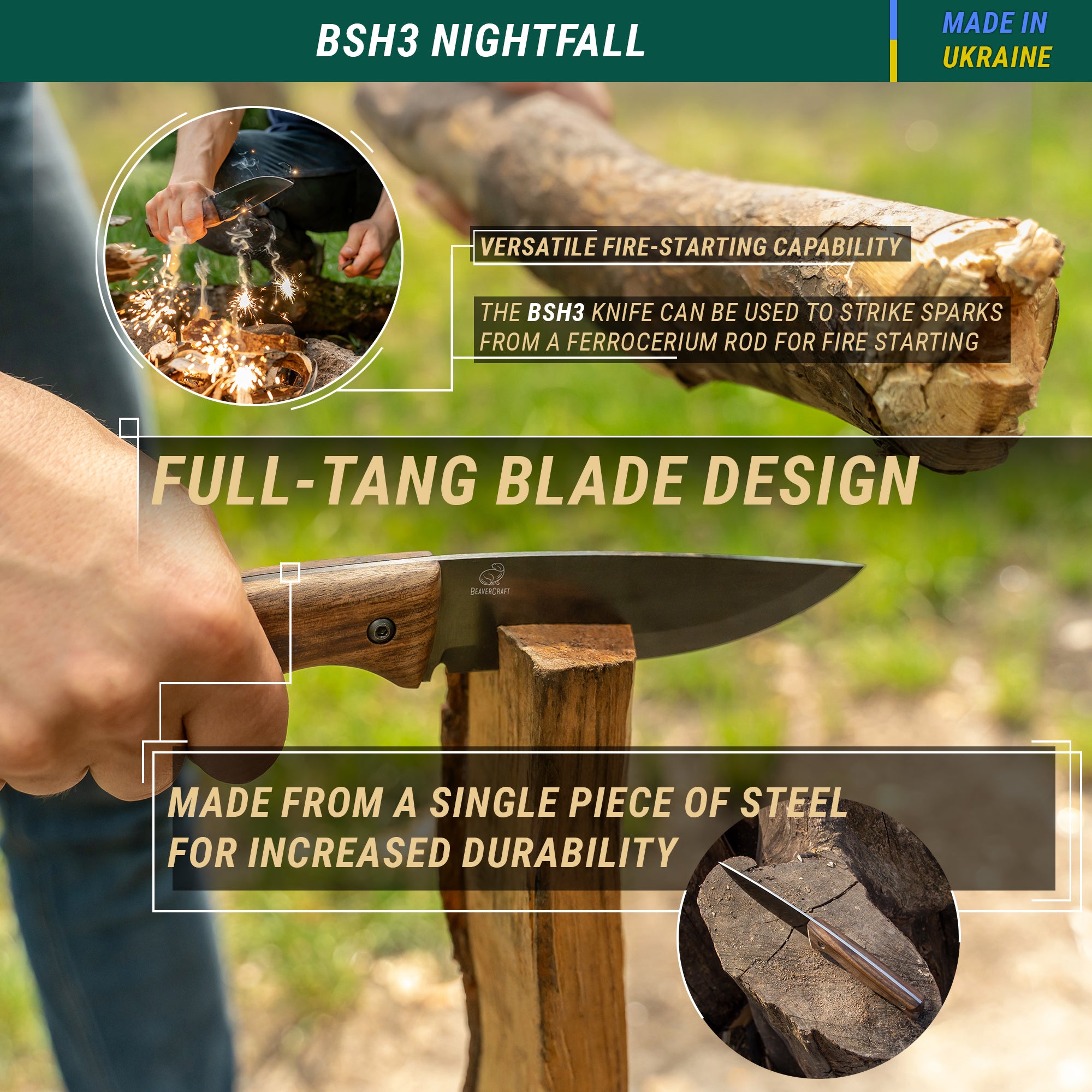 Beavercraft - Nightfall Fixed Blade Bushcraft Knife for Hunting