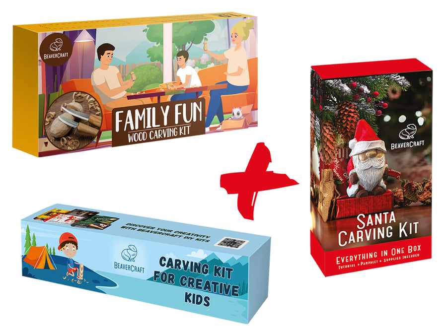 Holiday Fun Set – Complete Wood Carving Kit Bundle with Santa, Family Fun & Spruce Tree – BDIY06_08_09