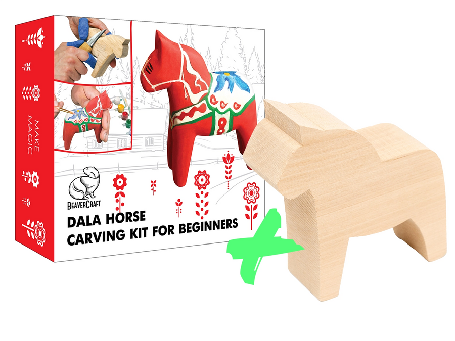Horse Lover Set – Dala Horse Carving Kit + Extra Carving Blank – BDIY02_BW