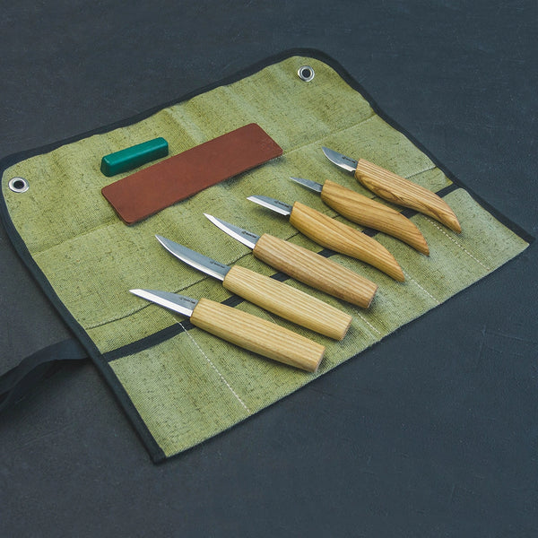 S58 – Einfaches Holzschnitzmesser-Set mit Lederriemen