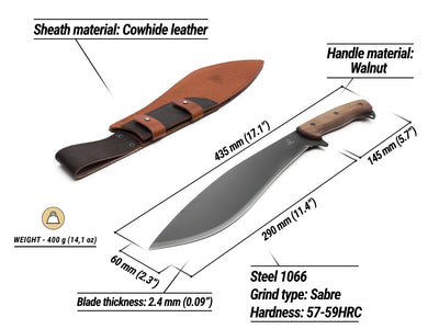 KKR1 dimensions: 435 mm overall, 290 mm blade, 1066 steel, walnut handle