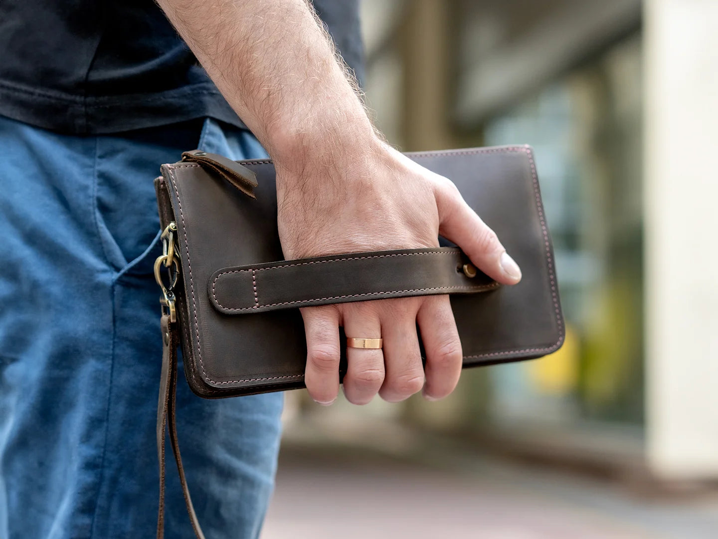 Men's Leather Clutch Bag with Wrist Strap