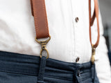 Adjustable Brown Leather Suspenders Braces for Men with Carabiner Hooks