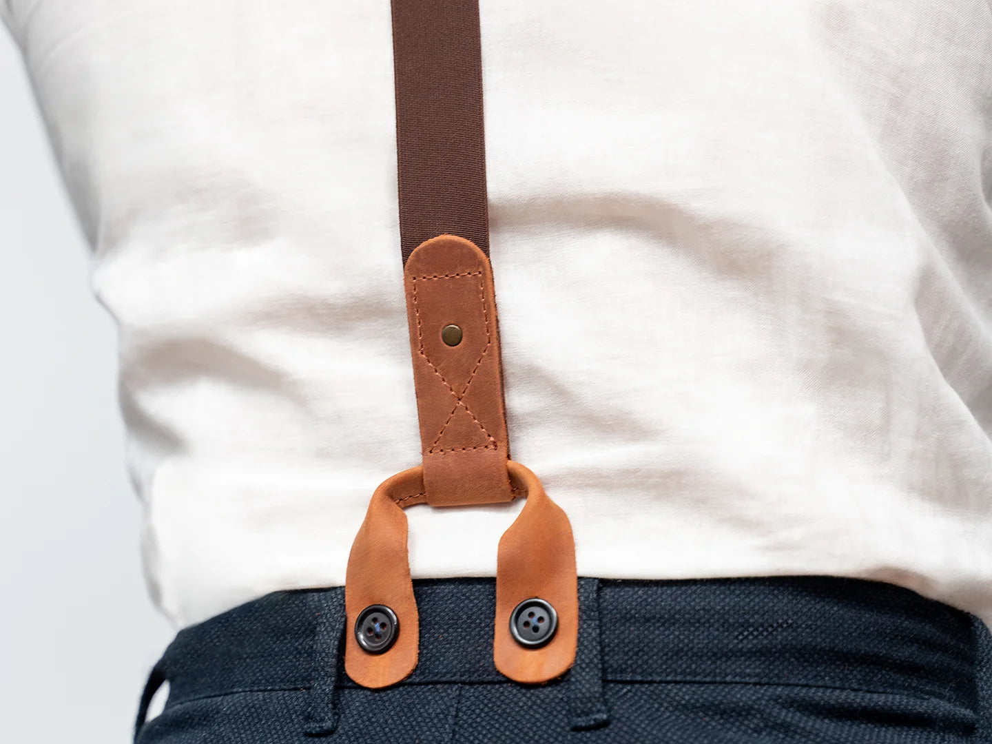 Adjustable Brown Leather Suspenders Braces for Men with Button Straps
