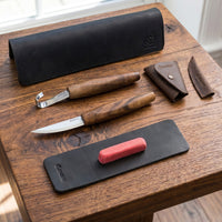 2-Piece Premium Spoon Carving Set – Walnut Handle Starter Wood Carving Knife Set in Leather Tool Case – S01X Black