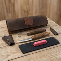 2-Piece Premium Spoon Carving Set – Walnut Handle Starter Wood Carving Knife Set in Leather Tool Case – S01X Brown