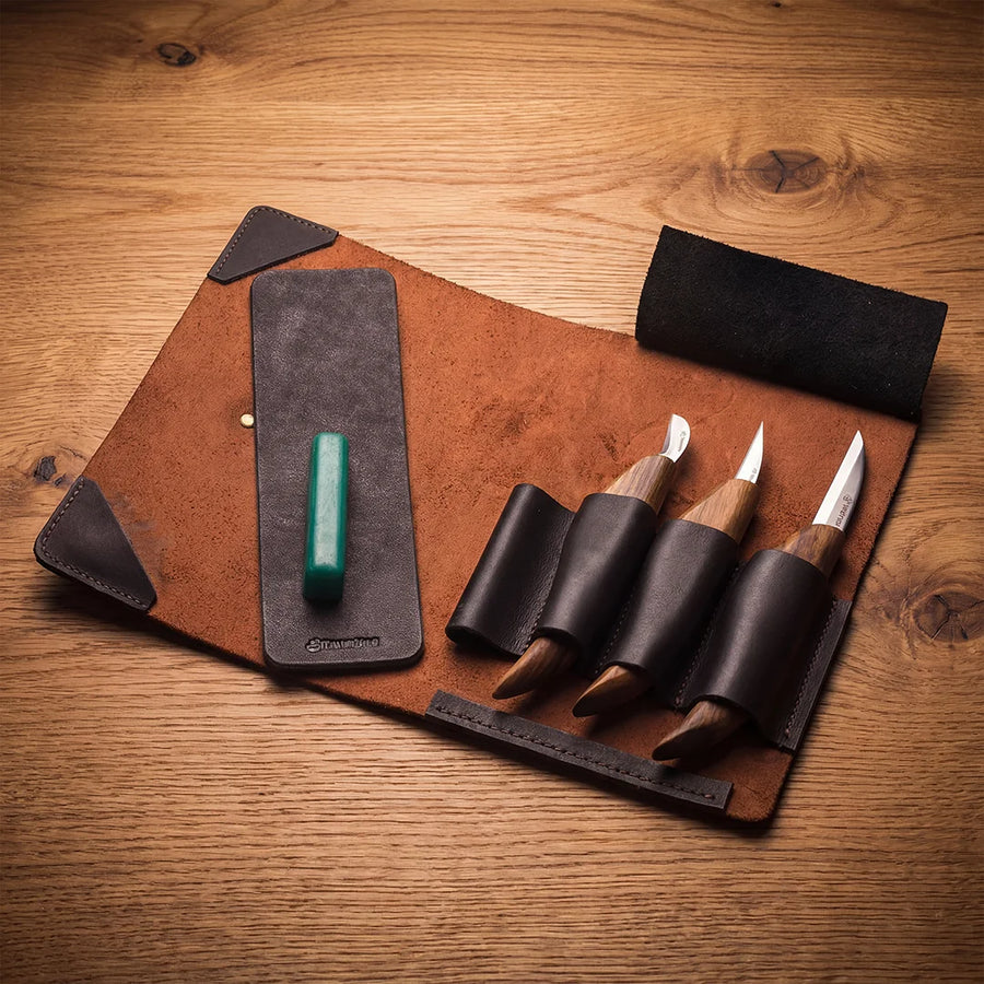 3-Piece Premium Wood Carving Knife Set – Walnut Handle Wood Carving Knives in Leather Tool Case – S15X