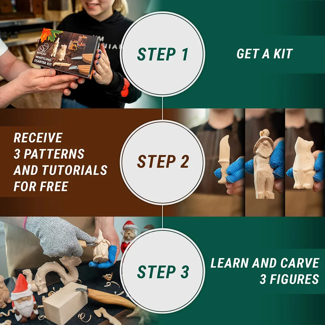 Step-by-step whittling process using the BeaverCraft S16 knife set
