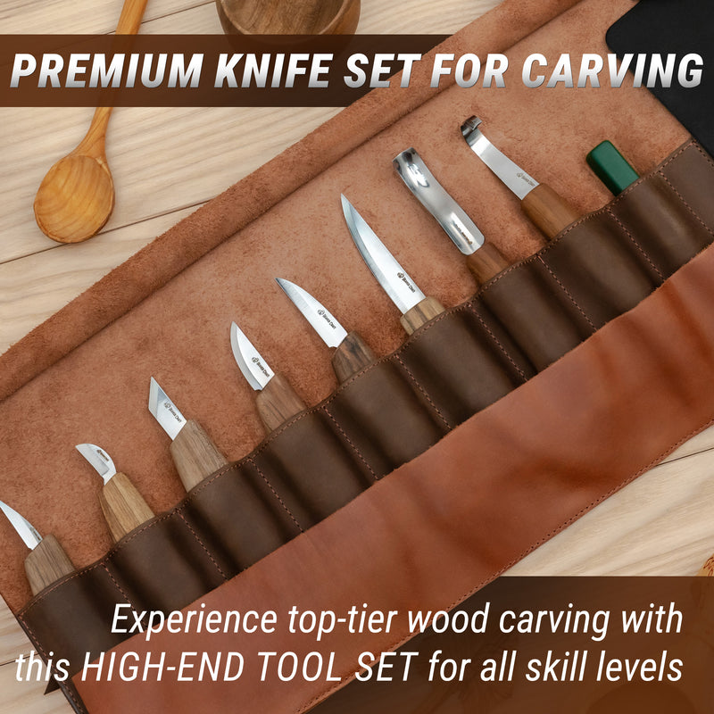 The knives, the spoon knife and the gouge in their slots in the leather roll