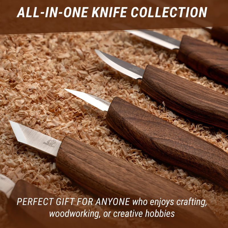 Walnut handles and blades of the knives on wood shavings