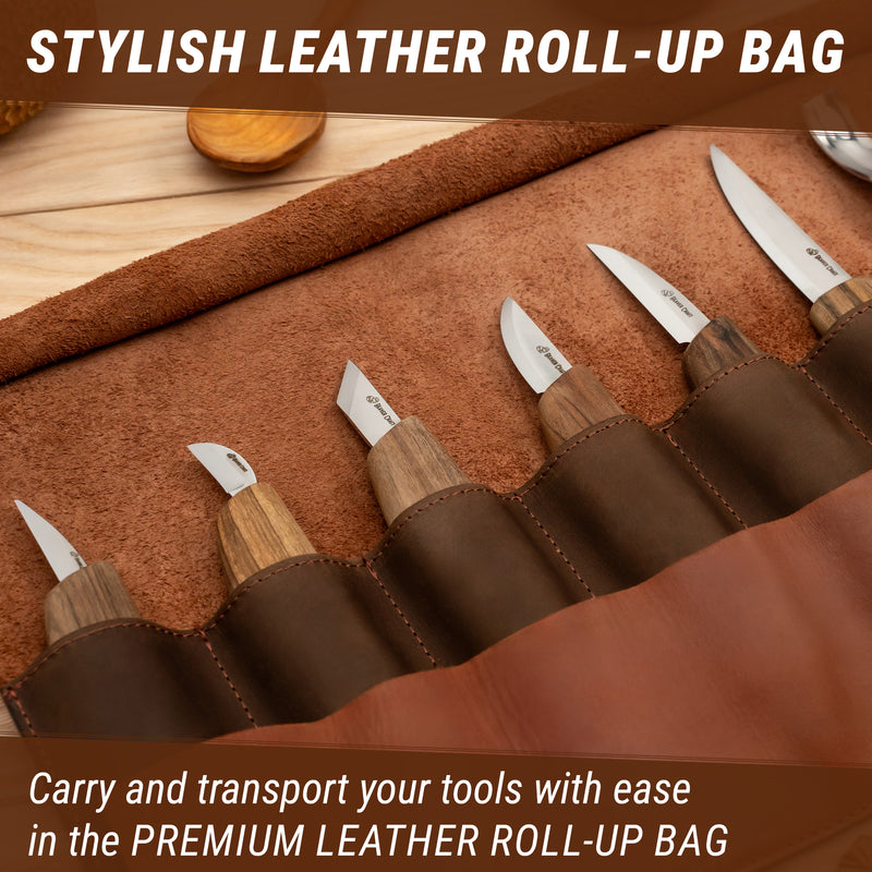 Close-up of the leather roll with the tools in their slots