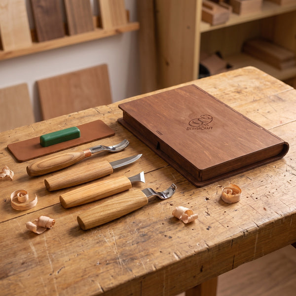 Left-Handed Spoon Carving Tool Set in Book Case, 4 pcs