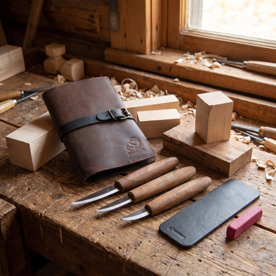 3-Piece Premium Whittling Knife Set – Walnut Handle Whittling Knives in Leather Tool Case – S19X+