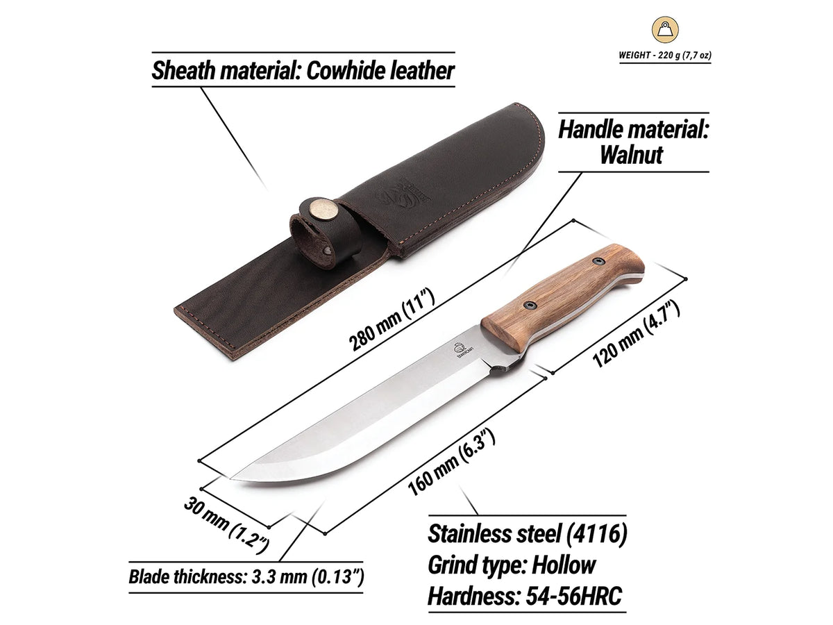 Tactical Knife – Walnut Handle, Leather Sheath – BeaverCraft Tools