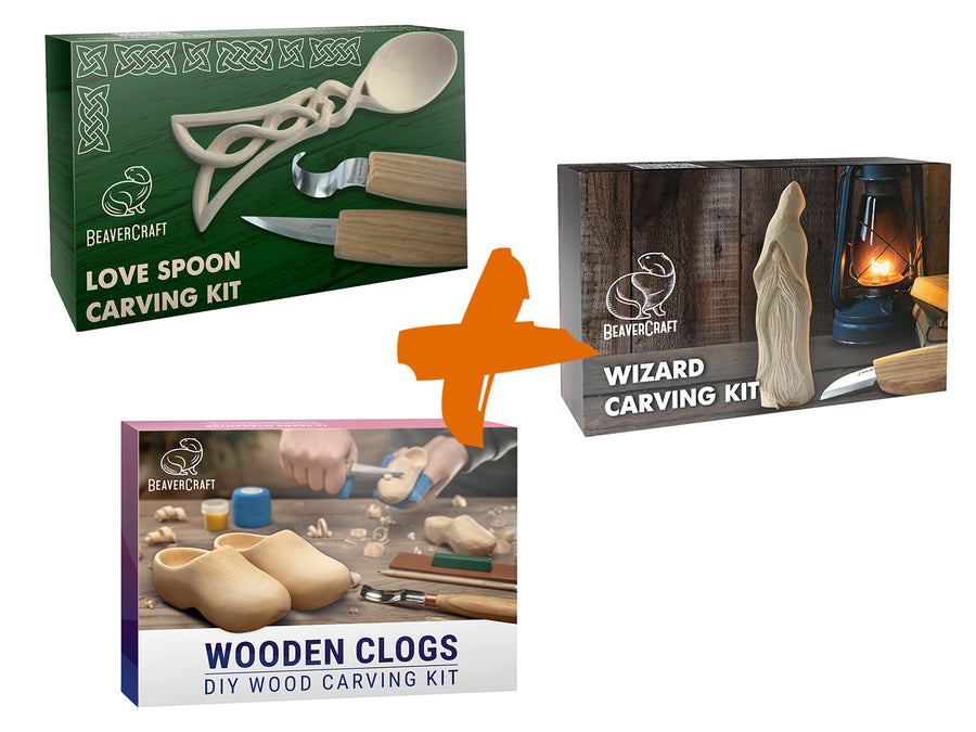 Wizard's Choice – Complete Wood Carving Kit Bundle with Wizard, Celtic Spoon & Wooden Clogs – BDIY03_04_10