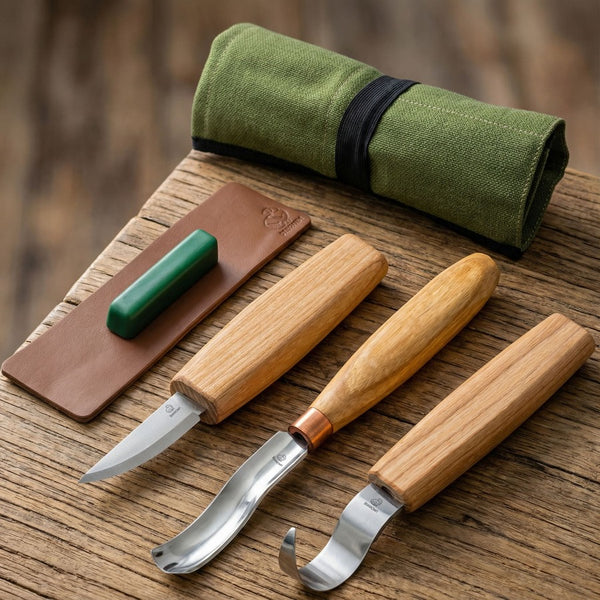 Left-Handed 3-Piece Spoon Carving Tool Set – Complete Spoon, Bowl & Kuksa Carving Set in Tool Roll – S38L