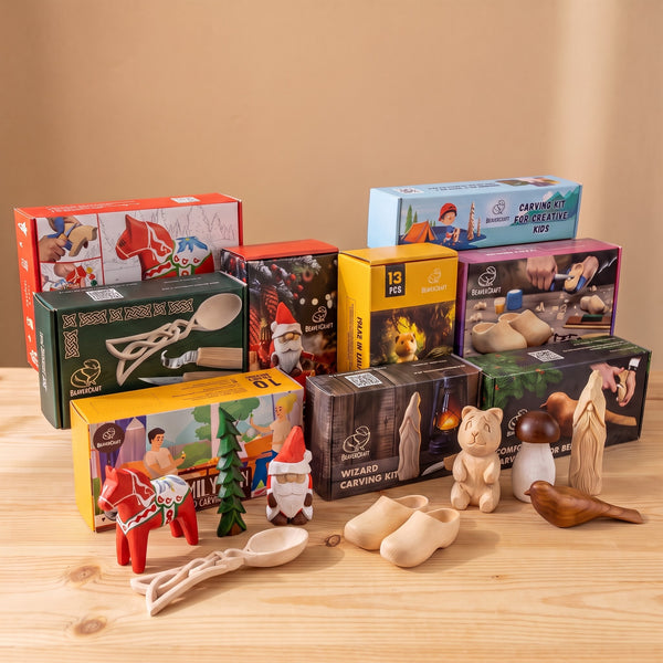 BeaverCraft DIY Carving Challenge Bundle: nine carving kit boxes and the nine finished wooden figures - bird, mushroom, clogs, Dala horse, love spoon, bear, spruce, Santa and wizard