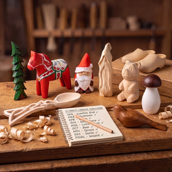 12-month wood carving challenge checklist in a notebook next to nine hand-carved figures on a workshop bench