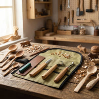 Left-Handed Spoon, Bowl & Kuksa Carving Set in Tool Roll, 3 pcs