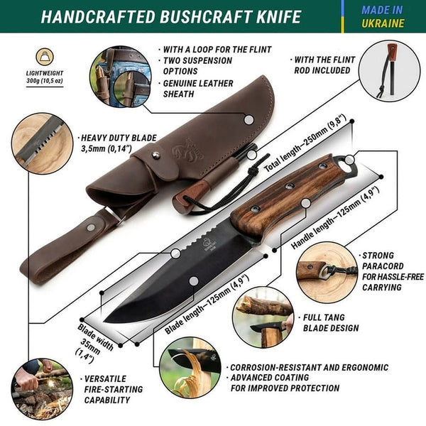 Bushcraft Knife with Ferro Rod for Fire Starting – Black Oxide Coated Carbon Steel Knife with Walnut Handle & Leather Sheath – BSH4_F Dusk