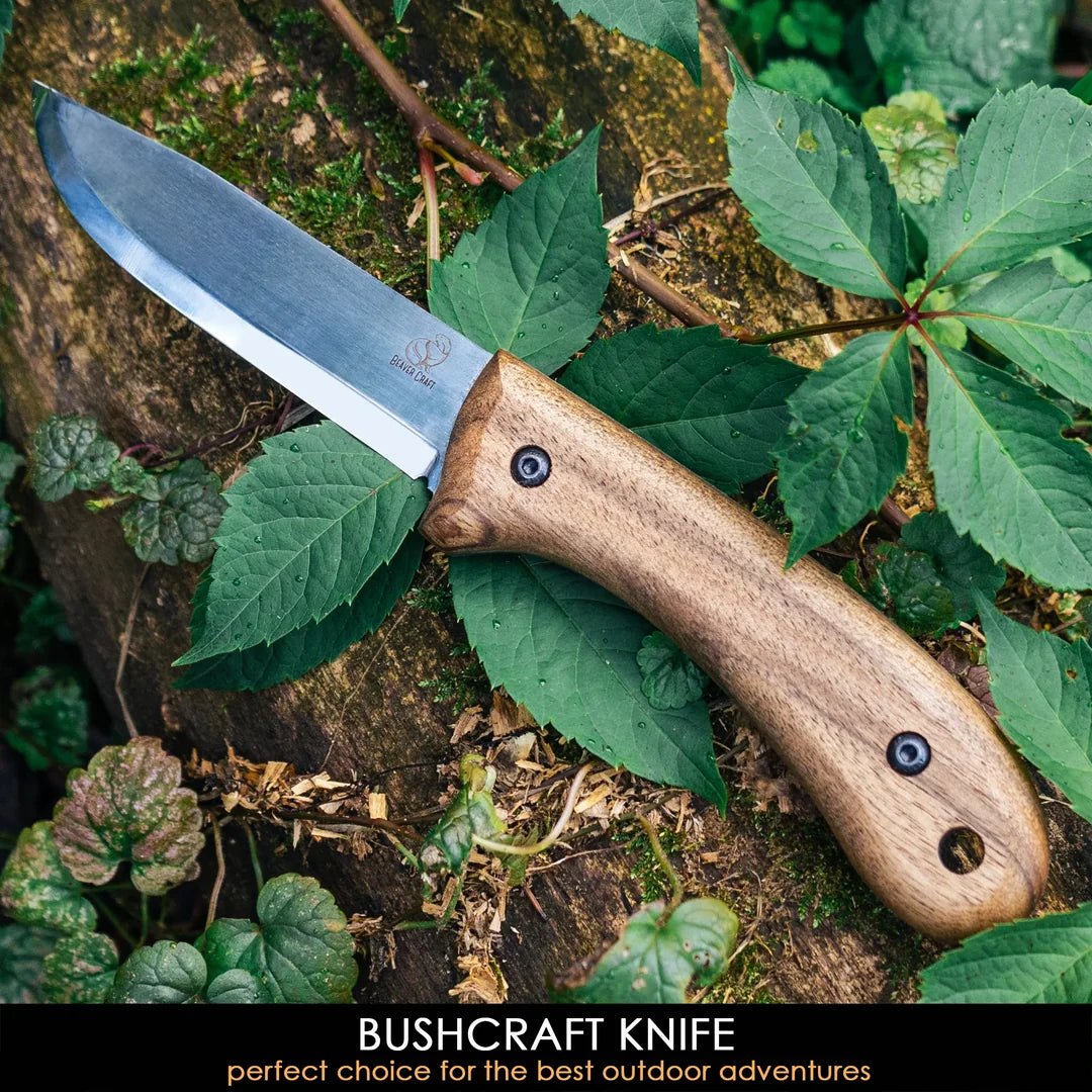 BSH2 – Bushcraft-Messer aus Kohlenstoffstahl, Griff aus Walnussholz mit Lederscheide