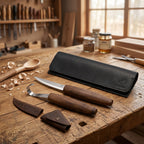 2-Piece Premium Spoon Carving Set – Walnut Handle Starter Wood Carving Knife Set in Leather Tool Case – S01X Black