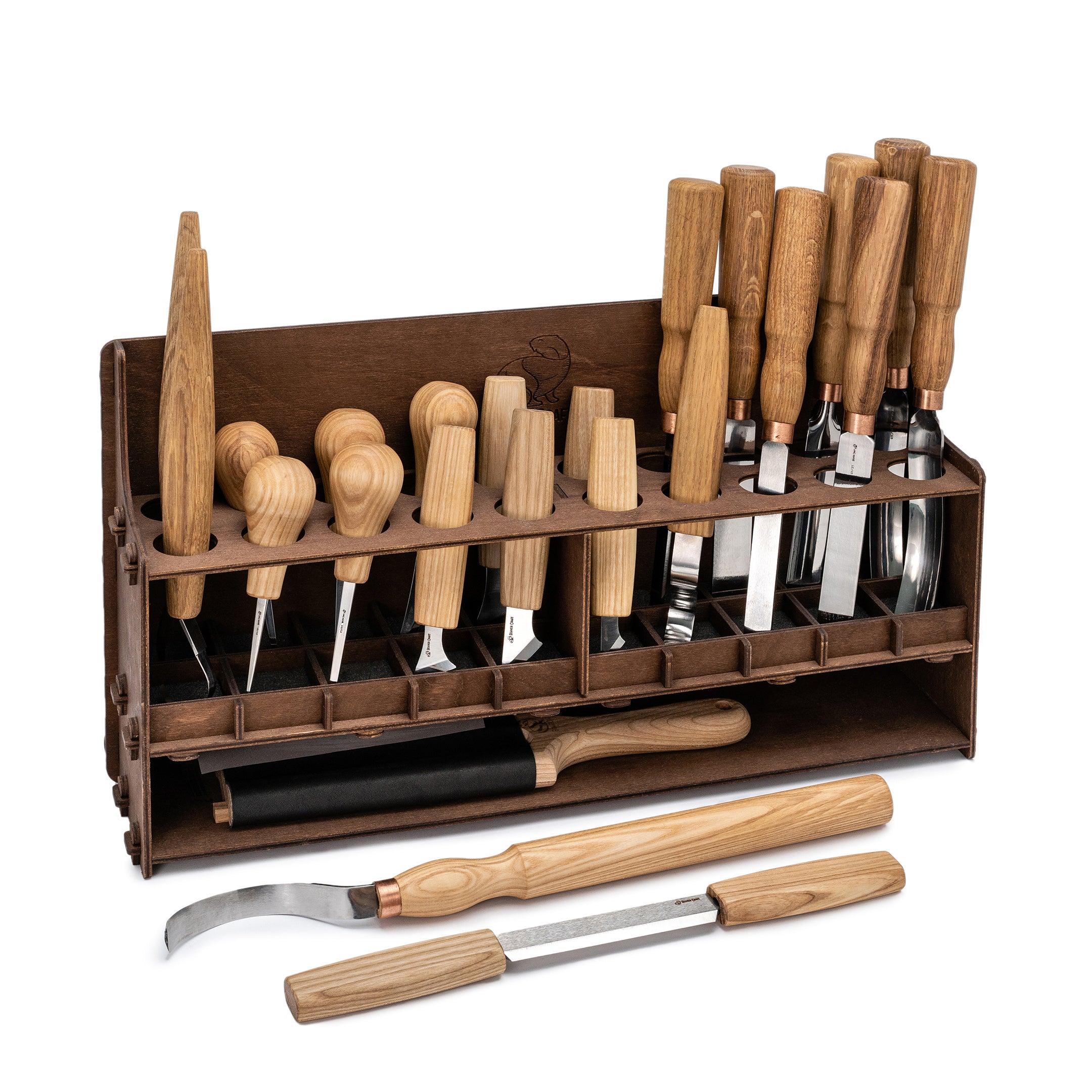 S70L – Extended Wood Carving Set of Knives, Chisels, Gouges, and Sharpening Accessories in a Tool Holder (left-handed)