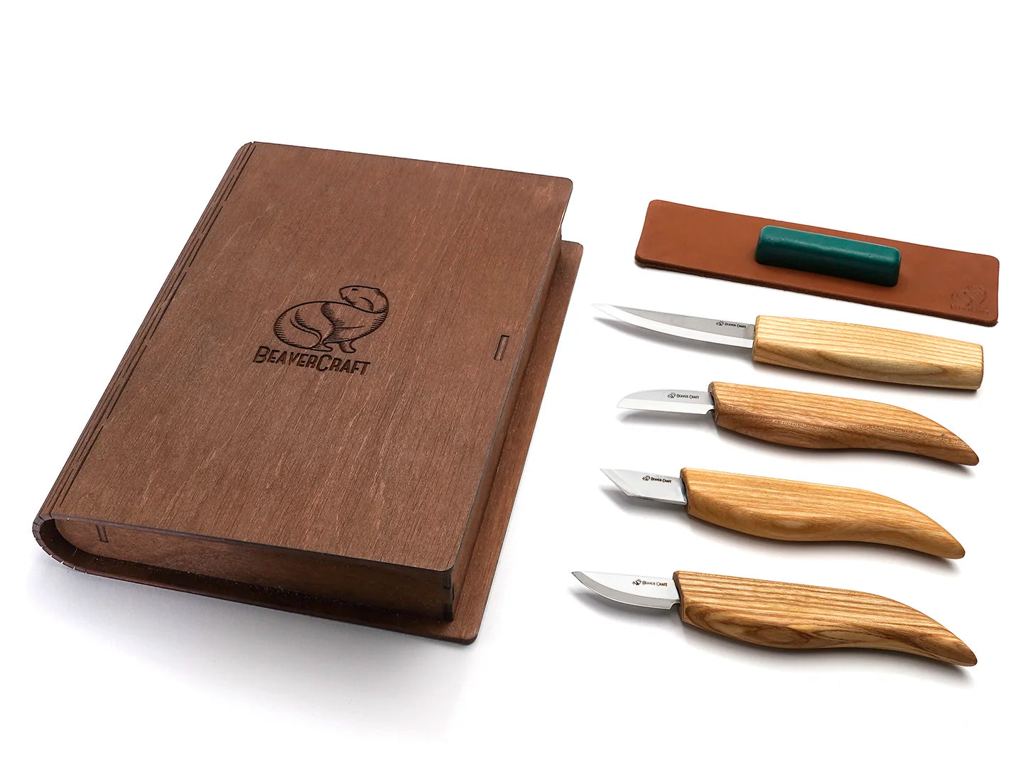 BeaverCraft Basic Set of 4 Knives S07 Book wood carving set with wooden  storage book