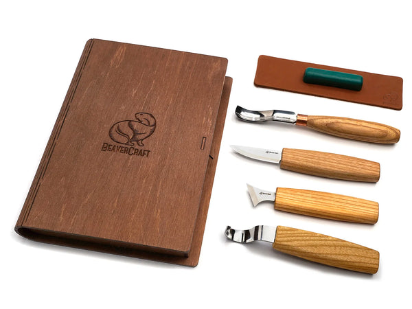 Set para tallado de cuchara de 4 herramientas en estuche de libro (zurdo) - S19L book