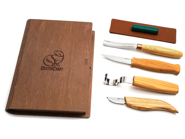 Set profesional para tallado de cuchara y kuksa con cuchillos y correa en estuche de libro BeaverCraft - S43 book