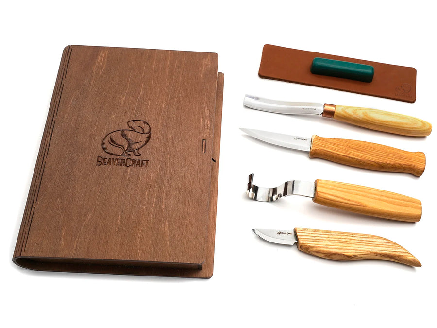 Spoon and Kuksa Carving Professional Set with Knives and Strop in a Book Case BeaverCraft - S43 book